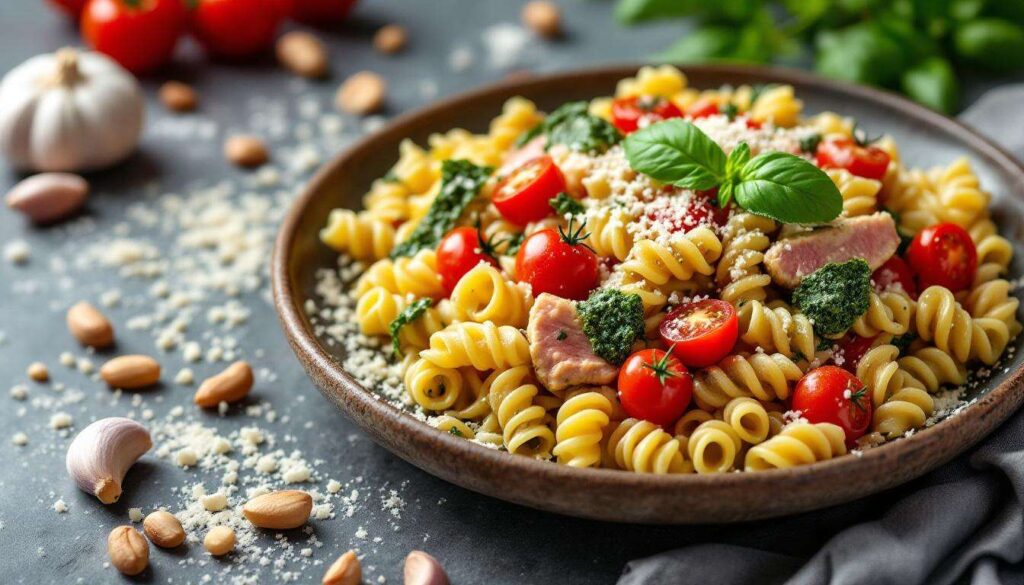 Pasta alla carlofortina: fusilli con tonno scottato, pomodorini e pesto vellutato