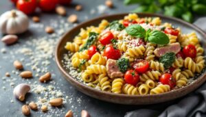 Pasta alla carlofortina: fusilli con tonno scottato, pomodorini e pesto vellutato