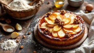 Torta soffice di mele e noci “a fiore”: facile in ciotola e lucidissima con albicocche