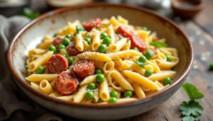 Pasta cremosa con piselli e salsiccia (pronta in 15 min e in una sola padella!)