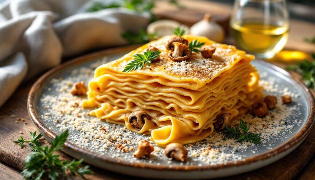 Raffinata lasagna bianca con funghi finferli e crema: un piatto gourmet che delizia i palati esigenti