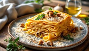 Raffinata lasagna bianca con funghi finferli e crema: un piatto gourmet che delizia i palati esigenti